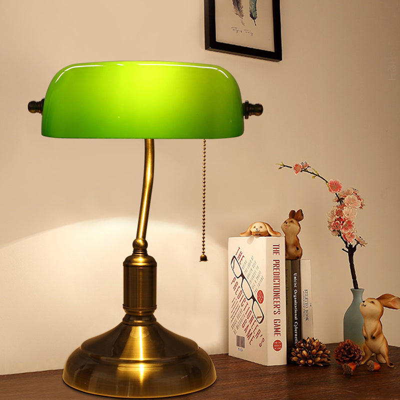 Traditional Vintage Glass Metal Pull Cord Switch 1-Light Bank Table Lamp for Bedroom | Rustic Desk Lighting Fixtures | Antique-Style Home Decor | Adjustable Brightness | Bedroom Nightstand Accent Lamp | Classic Design Table Lighting