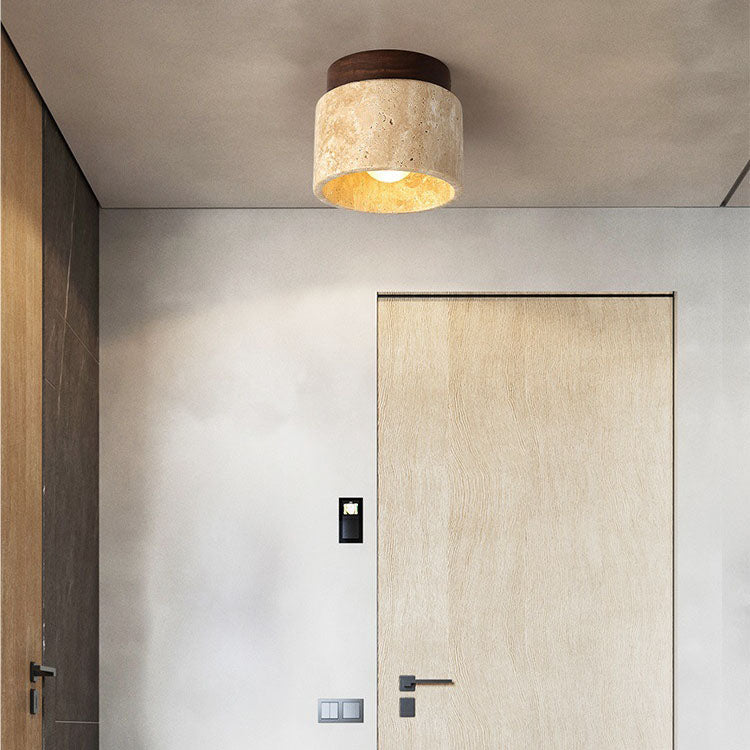 Modern Minimalist Yellow Travertine Cylinder Oval Dish Semi-Flush Mount Light for Living Room