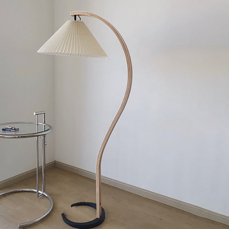 Traditional Japanese Pleated Cone Floor Lamp with Arc Wood Pole - 1-Light Design for Home Office Decor
