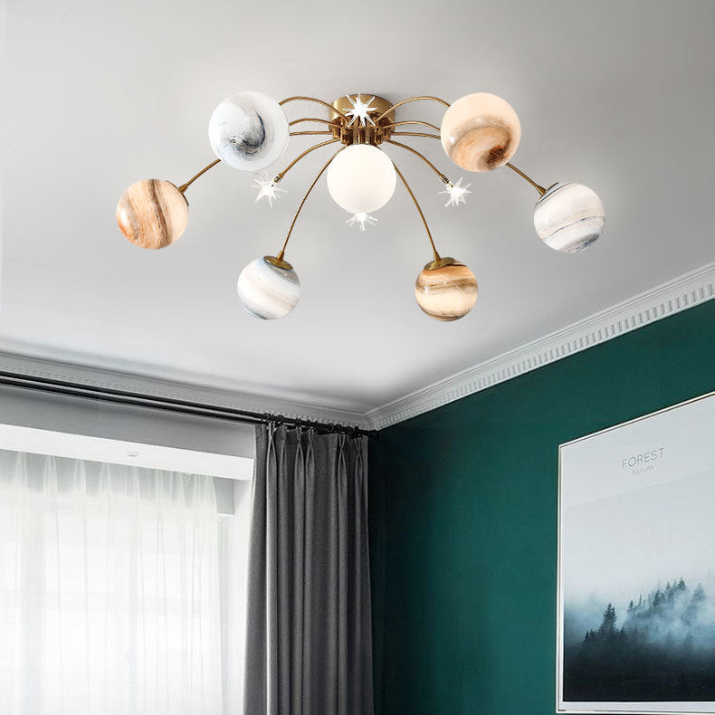 Contemporary Starry Sky 13-Light Semi-Flush Mount Ceiling Light for Bedroom, Iron and Glass Fixture, Modern Moon Design, Elegant Home Lighting