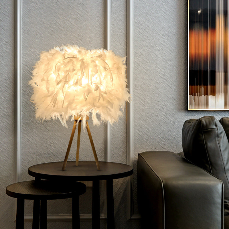 Modern Art Deco Feather Wood Cylinder Triangle Base 1-Light Table Lamp Nightstand Lamp for Bedroom Stylish Bedside Lighting Elegant Home Decor Accent Lamp Unique Design Decorative Table Light Modern Lighting Solution Interior Design Must-Have