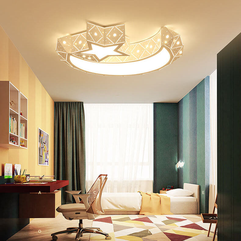 Modern Star Moon Geometric Iron LED Kids Flush Mount Ceiling Light, Baby Room Lighting Fixture, Nursery Ceiling Lamp, Boys Girls Bedroom Decor, Astronaut Space Theme Light, Energy-Efficient Kids Room Illumination, Stylish Flush Mount Design for Children's