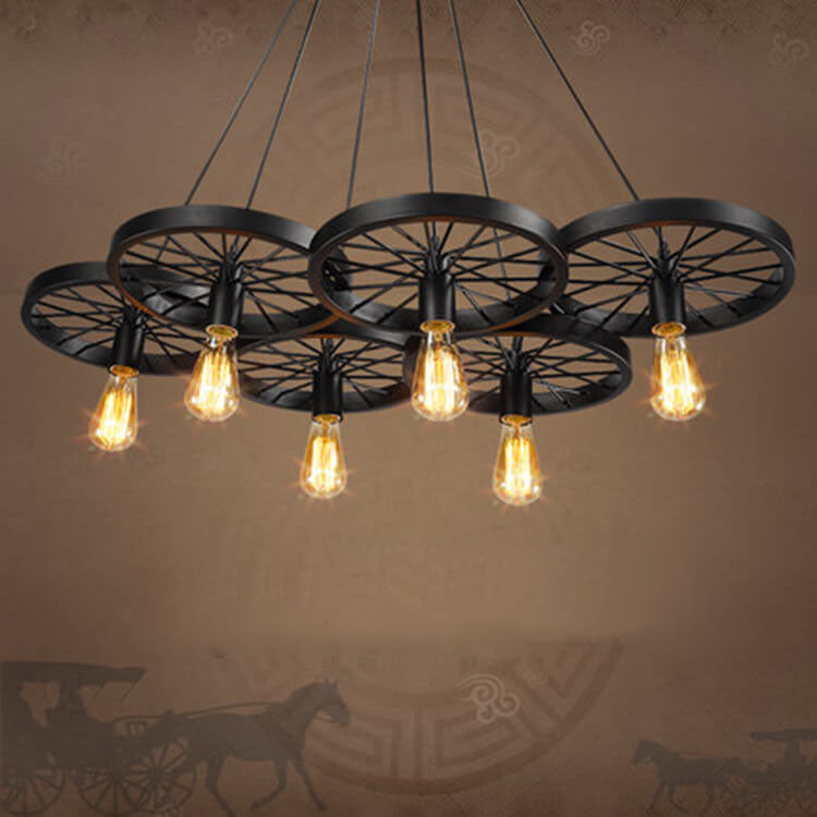 Industrial Wrought Iron Wheels Chandelier - 1/3/6 Light Vintage Lighting Fixture

Elevate your space with this stunning industrial chandelier featuring wrought iron wheels. Perfect for dining rooms, living areas, or entryways, this versatile fixture is av