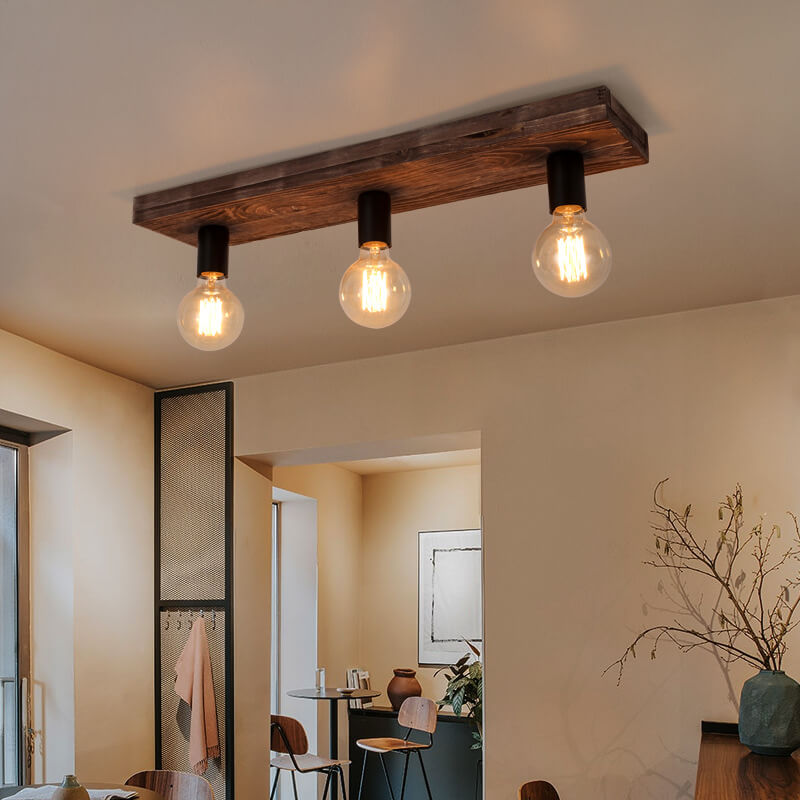 Retro Solid Wood 3-Light Flush Mount Ceiling Light with Glass Lampshade