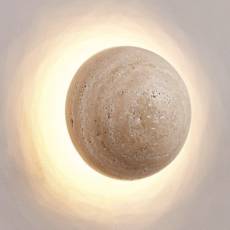 Traditional Japanese Wabi-Sabi Round Yellow Travertine LED Wall Sconce for Hallway