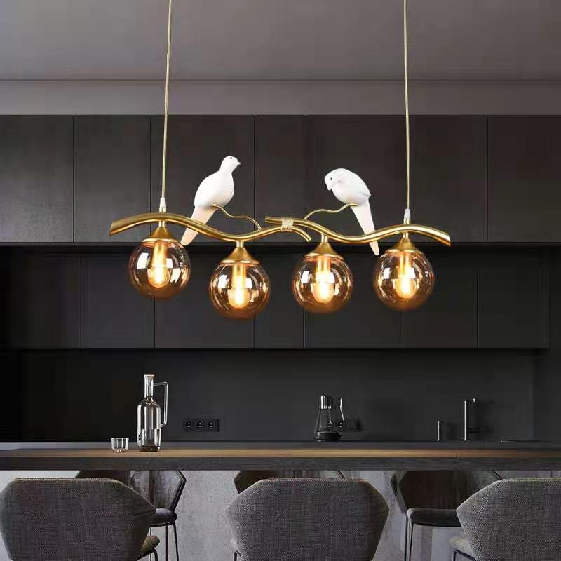 Contemporary Resin Bird Glass Ball Shade Chandelier - 4-Light Island Light for Living Room