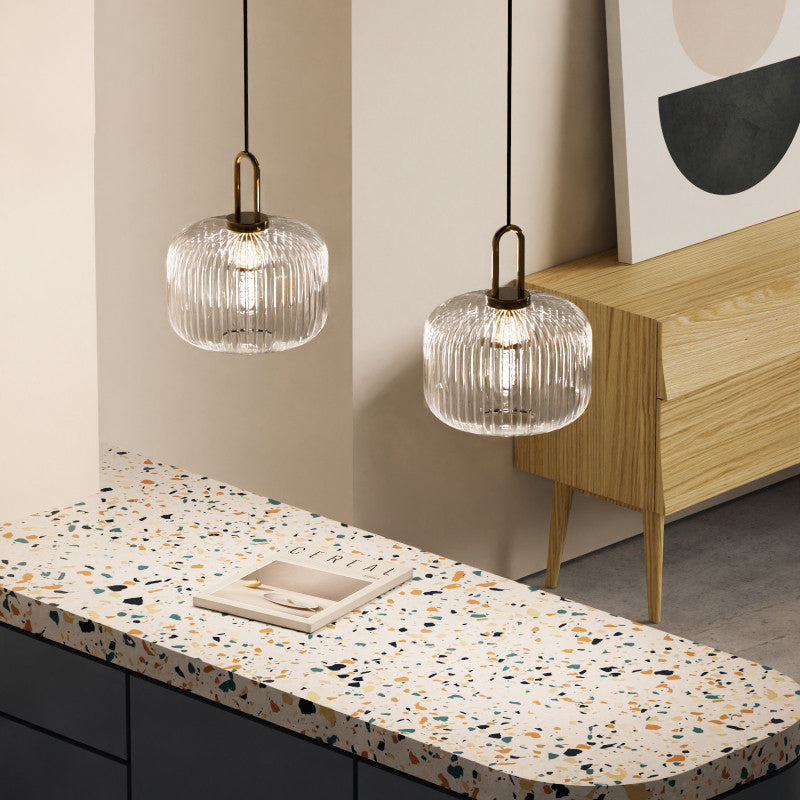 Contemporary Nordic Oval Pumpkin Pendant Light - Striped Glass & Stainless Steel 1-Light for Living Room