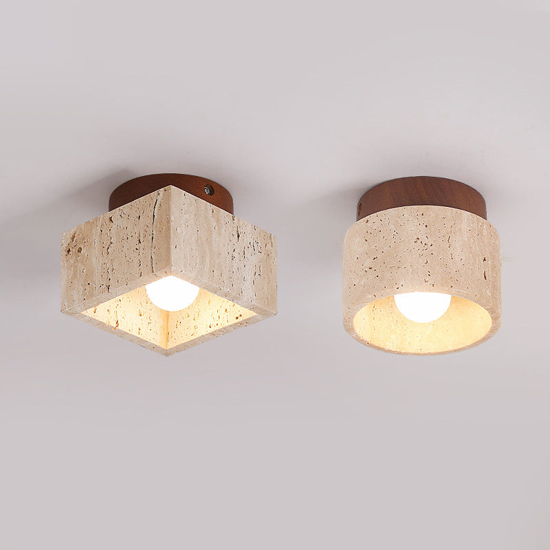 Japanese Wabi-Sabi Yellow Travertine Column Wood Semi-Flush Mount Light
