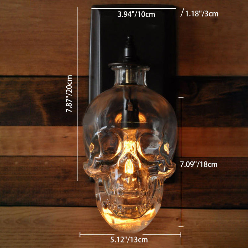 Contemporary Skull Glass Iron Wall Sconce - 1-Light Halloween Lamp for Living Room