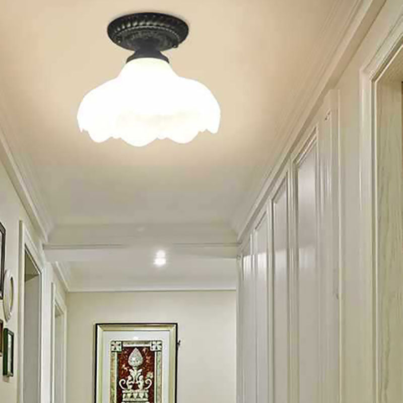 Contemporary Retro Floral Semi-Flush Mount Ceiling Light - Bell Round Iron & Glass for Hallway