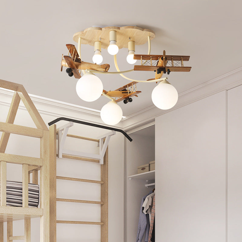 Contemporary Nordic Kids Iron Rubber Wood Glass Plane Cloud Ball 6-Light Flush Mount Ceiling Light for Bedroom, Modern Children's Lighting Fixture, Stylish Nursery Decor, Unique Playroom Illumination, Scandinavian Style Ceiling Lamp, Kid-Friendly Room Lig