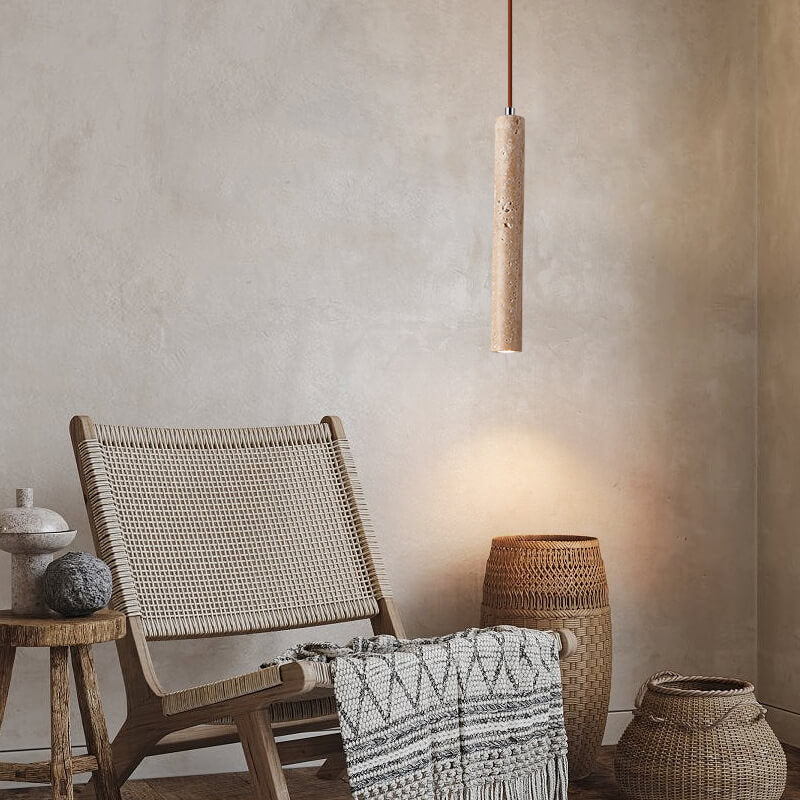 Japanese Wabi Sabi Yellow Travertine Pendant Light | 1-Light Cylinder Design