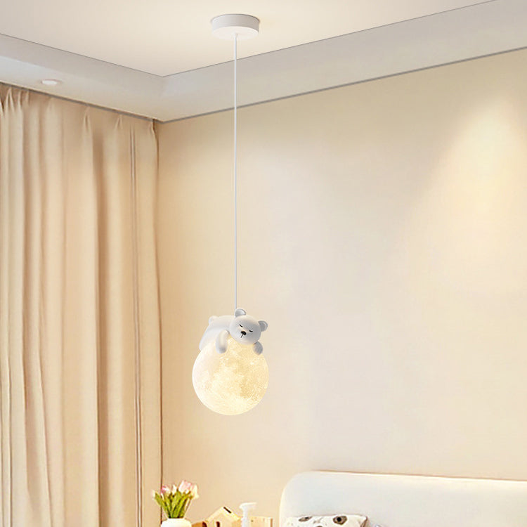 Contemporary Rabbit Moon Kids Pendant Light - 1-Light Resin Fixture for Living Room Decor