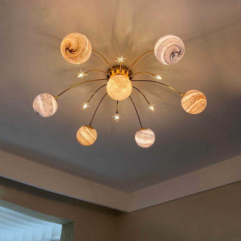 Contemporary Nordic Kids Iron Glass Ball Earth Planet 13-Light Semi-Flush Mount Ceiling Light, Stylish Bedroom Lighting Fixture, Modern Illuminated Globe Chandelier, Unique Starry Sky Decor for Children's Room, Eye-Catching Ceiling Lamp for Playroom and N