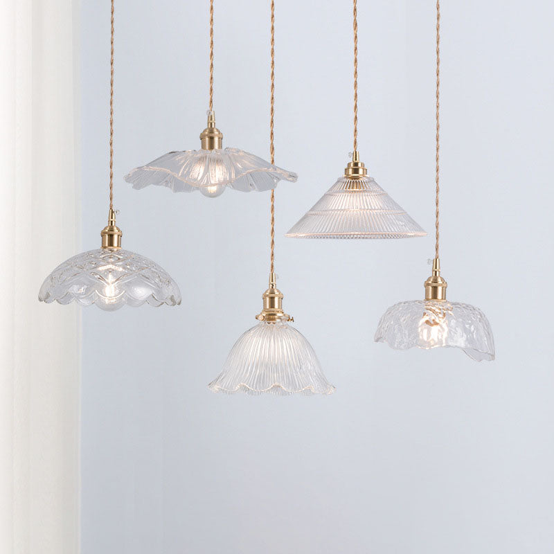 Nordic Vintage Glass Flower Brass Pendant Light 1-Light