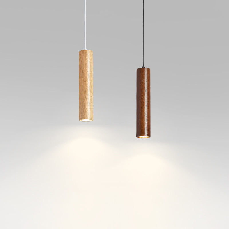 Modern Minimalist Rubberwood Cylinder LED Pendant Light for Bedroom