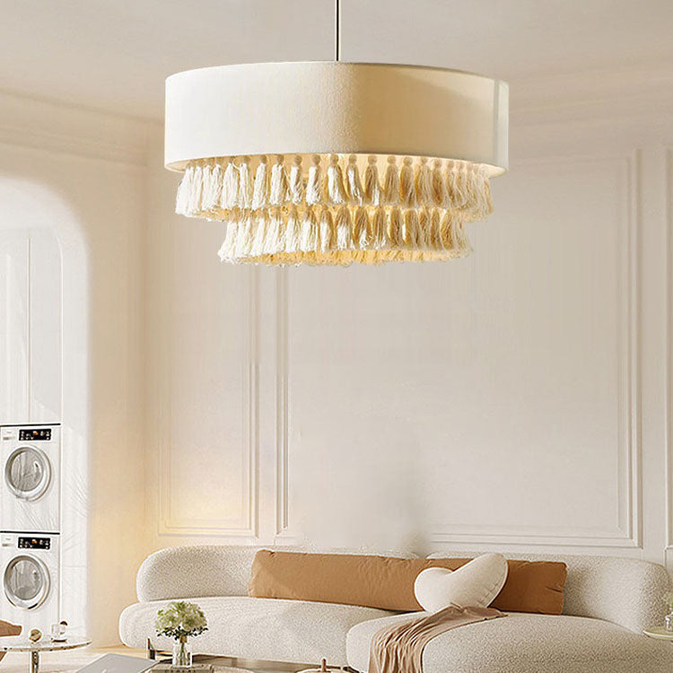 Contemporary Boho 3-Light Chandelier - Fabric Shade with Tassel & Braided Rope for Living Room