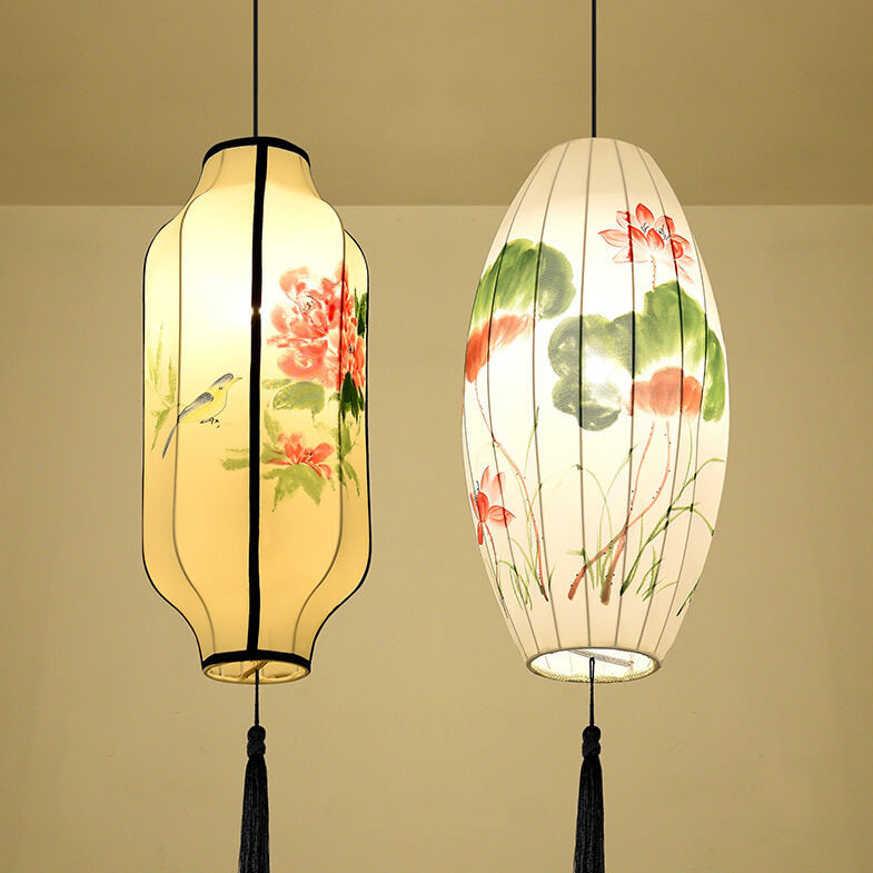 Oriental Antique Handmade Oval Lantern Pendant Light - 1-Light Fabric Fixture