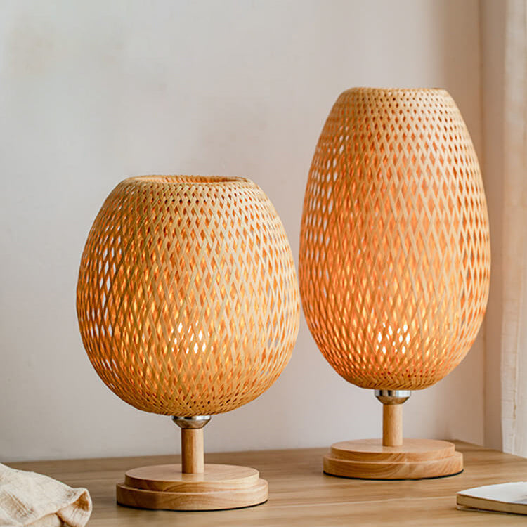 Traditional Chinese Moso Bamboo Wood Iron Weaving Oval Round 1-Light Table Lamp Bedroom Decor, Asian Style Bedside Lighting, Eco-Friendly Bamboo Lamp, Elegant Home Accent, Unique Lighting Design for Nightstand, Modern Chinese Decor, Artisanal Handmade Lam