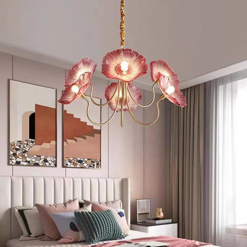 Modern Art Deco Gold Finish Chandelier with Lotus Leaf Glass Shade - 3/6 Lights for Living Room