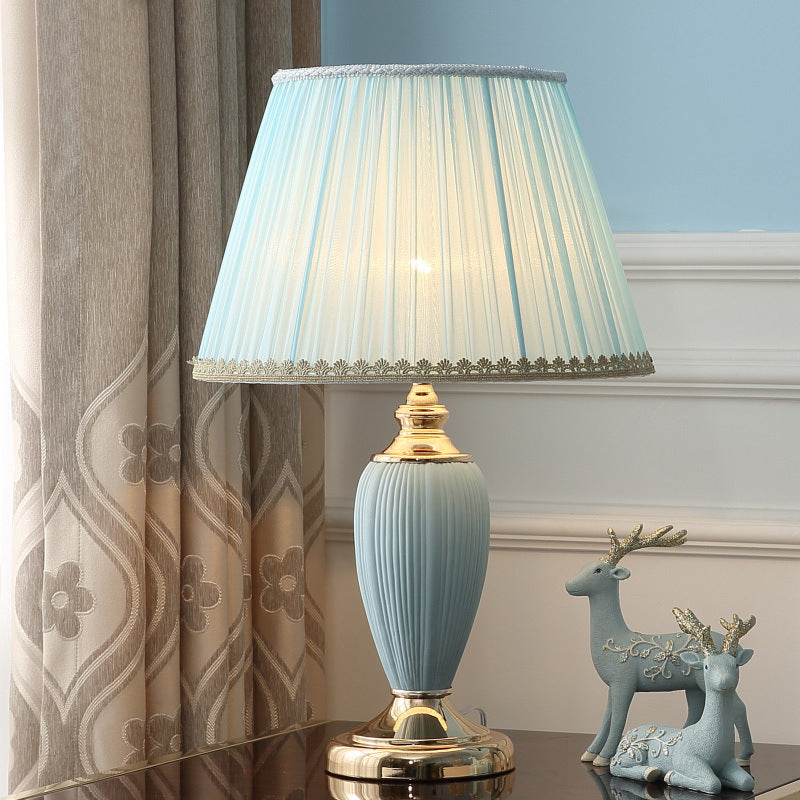 Traditional Pleated Fabric Shade Ceramic Column Base Table Lamp - 1-Light Study Lamp