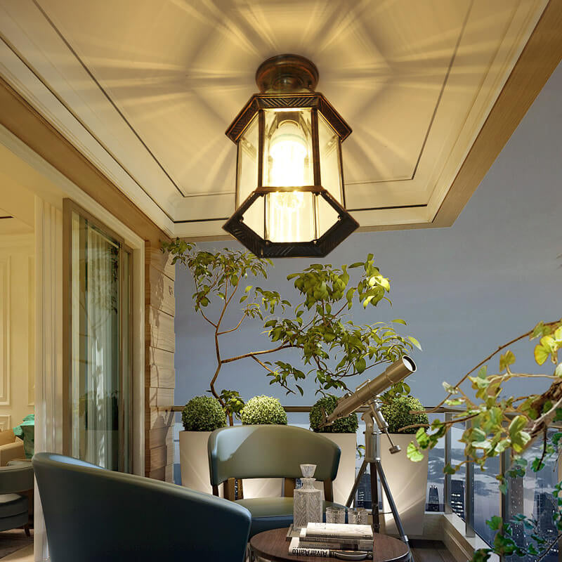 Traditional Outdoor Hexagonal Waterproof Lantern - 1-Light Semi-Flush Mount Ceiling Fixture