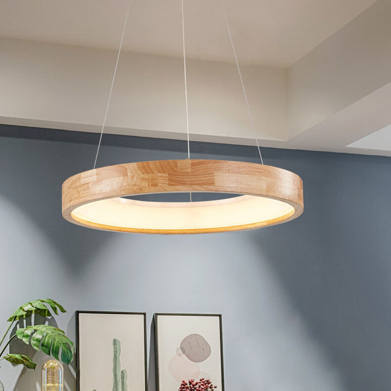Japanese Simplicity Log Circle Island Light LED Chandelier - Modern Minimalist Lighting Fixture for Kitchen and Dining Rooms, Energy Efficient Design, Adjustable Height, Warm White Illumination