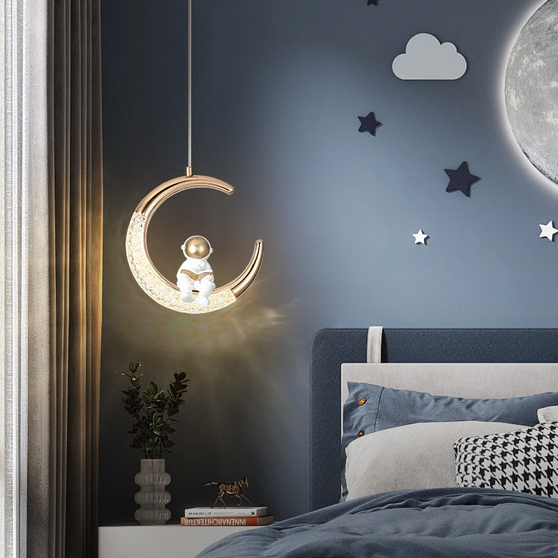 Modern Minimalist Acrylic Iron Astronaut Moon LED Pendant Light for Kids Room, Bedroom, Living Room Decor, Unique Space Themed Lighting, Stylish Nursery Light Fixture