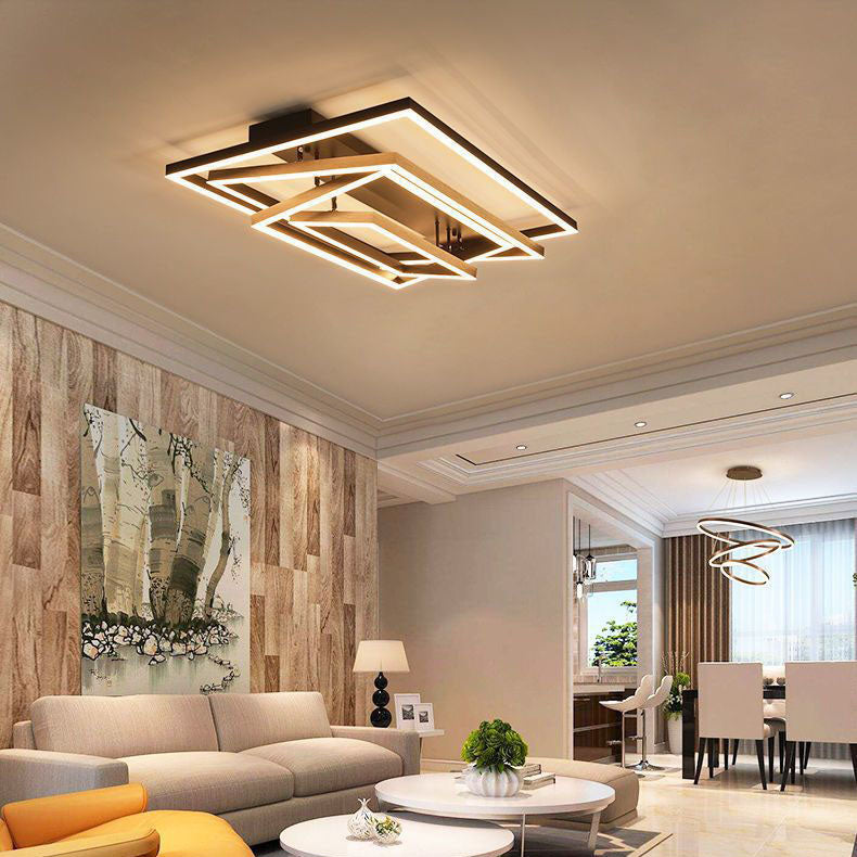 Modern Minimalist LED Flush Mount Ceiling Light - Aluminum Finish Multi-layer Rectangular Frame for Living Room