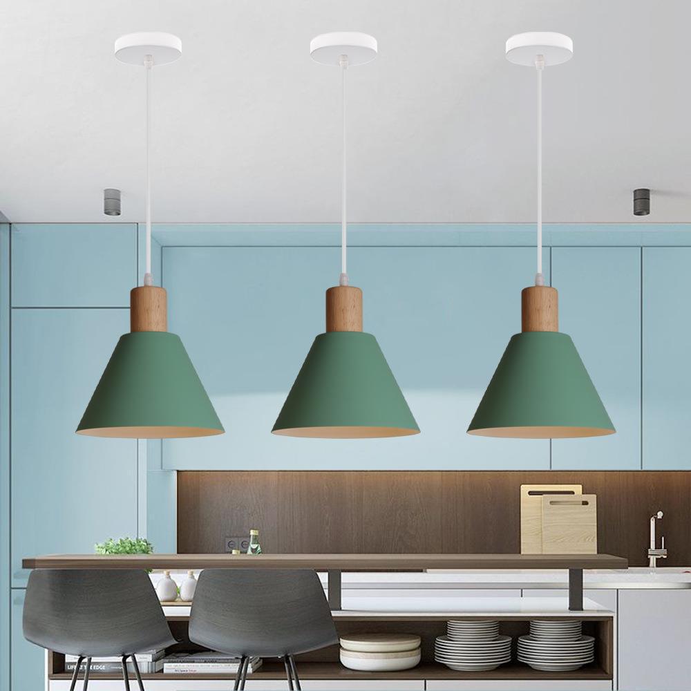 Vintage Iron Solid Wood Round Cone Pendant Light for Living Room