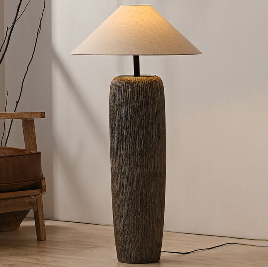Japanese Wabi-Sabi Ceramic Column Base Floor Lamp - 1-Light Fabric Shade