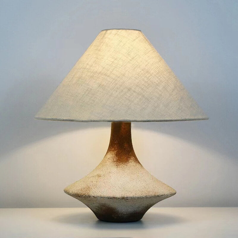 Wabi-Sabi Vintage Cone Vase Base Ceramic Fabric 1-Light Table Lamp, Handmade Rustic Home Decor, Boho Chic Lighting, Unique Artistic Accent Lamp for Bedroom, Living Room, Eco-Friendly Design, Aesthetic Interior Style, Natural Materials Lighting Solution