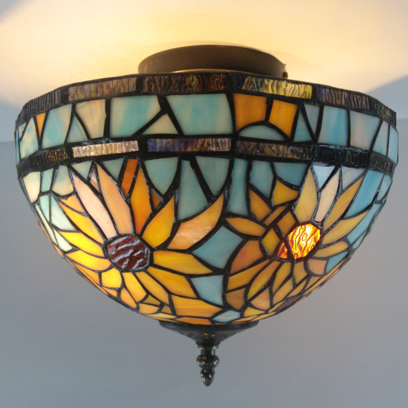 Traditional Tiffany Dome Sunflower Iron Glass Semi-Flush Mount Light - 2-Light Fixture for Hallway