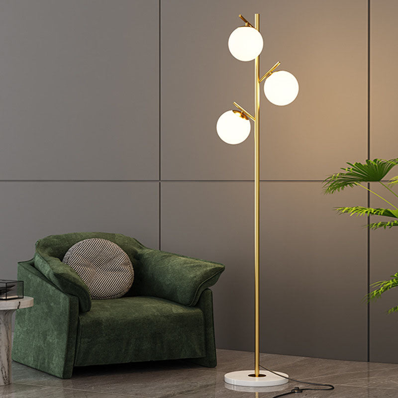 Contemporary Scandinavian Orb Pillar Floor Lamp - 3-Light Metal & Marble Glass for Living Room