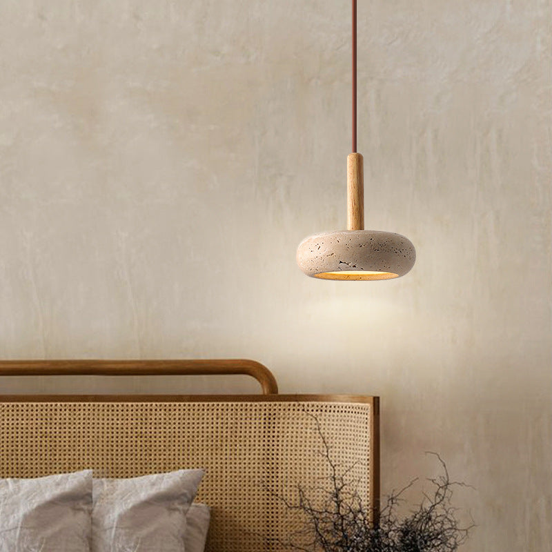 Traditional Japanese Round Wood Yellow Travertine LED Pendant Light for Bedroom