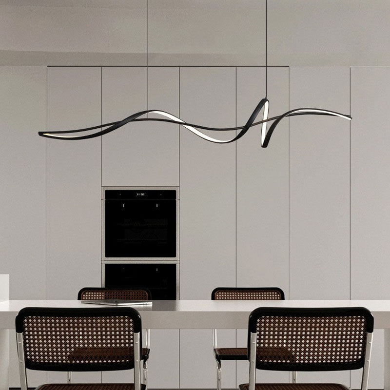 Modern Minimalist Wave Strip LED Chandelier - Aluminium & Silica Design for Dining Room Island Lighting