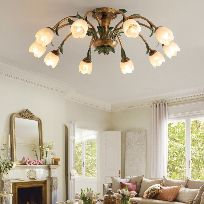 Traditional Rustic Floral Iron Glass Semi-Flush Mount Ceiling Light for Living Room - 6/8/10 Light Options