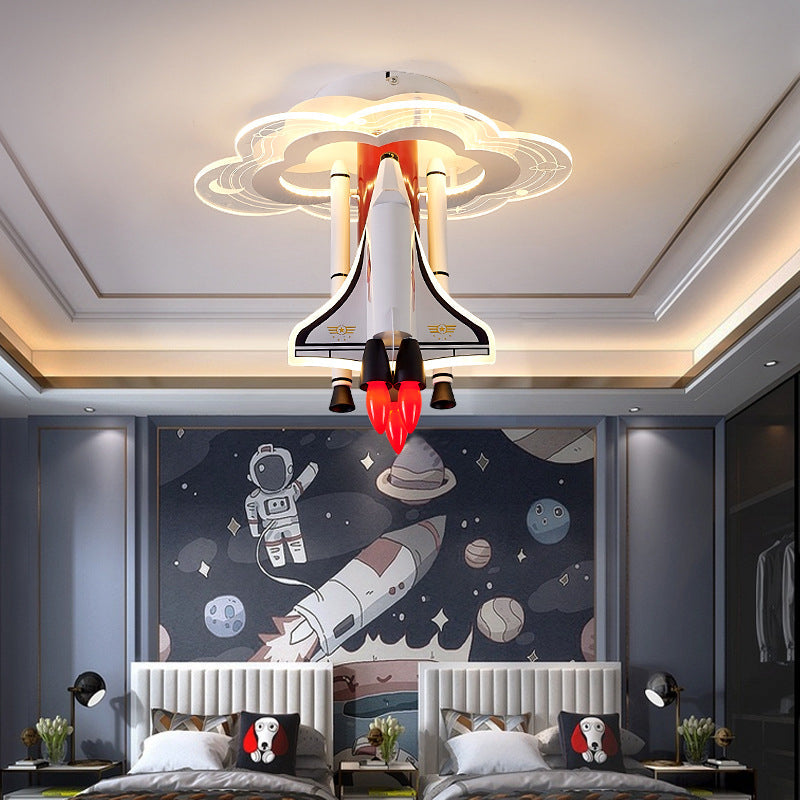 Contemporary Creative Iron Cartoon Aerospace Rocket Acrylic LED Kids Flush Mount Ceiling Light for Living Room, Playroom, Nursery, Modern Children's Lighting Fixture, Space-Themed Home Decor, Adjustable Brightness, Energy Efficient Kids Room Accessories