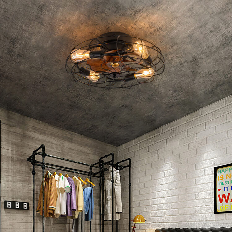 Contemporary Industrial Wood Grain Drum Cage Ceiling Fan Light - 3-Light Flush Mount for Living Room
