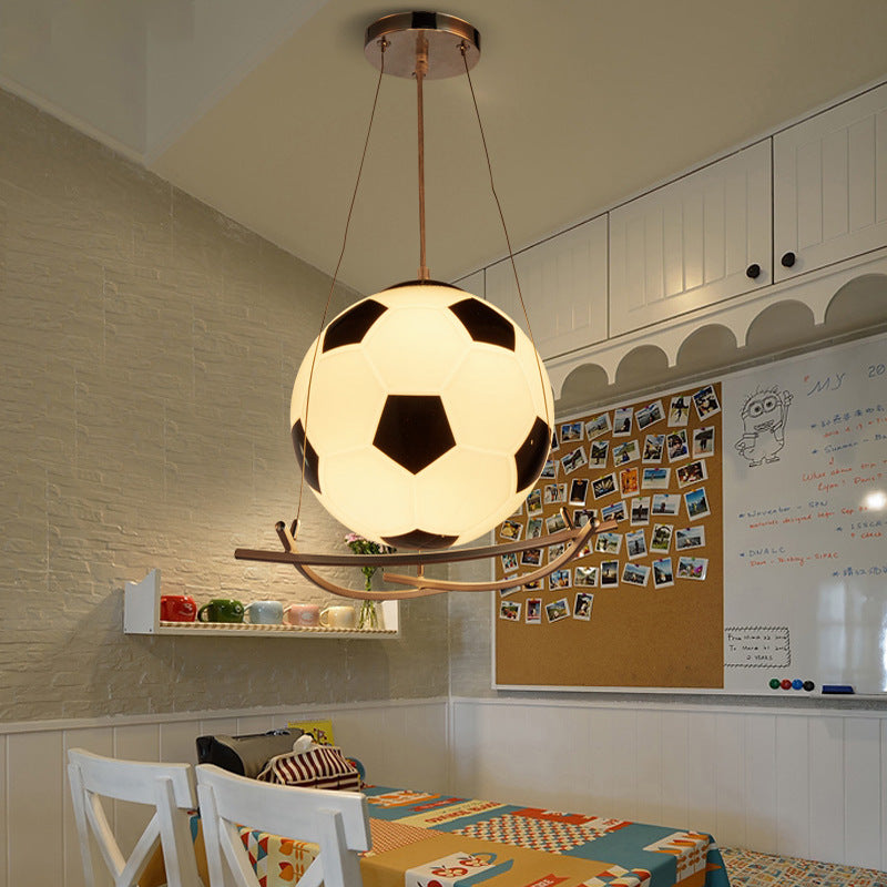 Contemporary Creative Kids Cartoon Soccer Glass Aluminum 1-Light Kids Pendant Light for Bedroom Hanging Fixture Decorative Playroom Ceiling Light Fixture Soccer Theme Kids Room Lighting