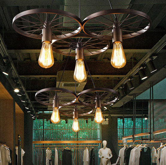 Industrial Wrought Iron Wheels Chandelier - 1/3/6 Light Vintage Lighting Fixture

Elevate your space with this stunning industrial chandelier featuring wrought iron wheels. Perfect for dining rooms, living areas, or entryways, this versatile fixture is av