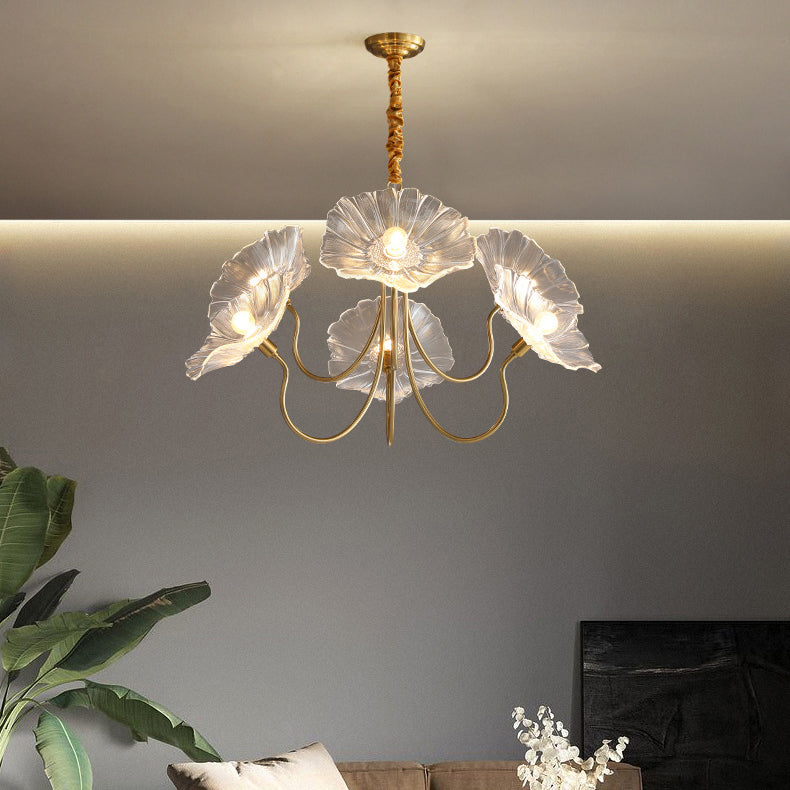 Modern Art Deco Gold Finish Chandelier with Lotus Leaf Glass Shade - 3/6 Lights for Living Room