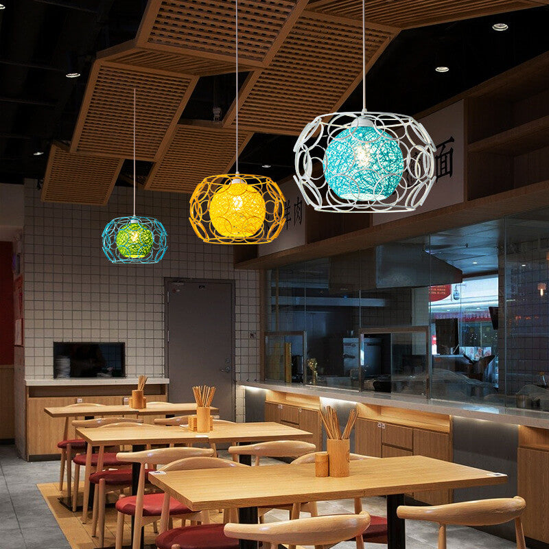Modern Hemp Ball Pendant Light - Minimalist Iron Drum Fixture for Living Room