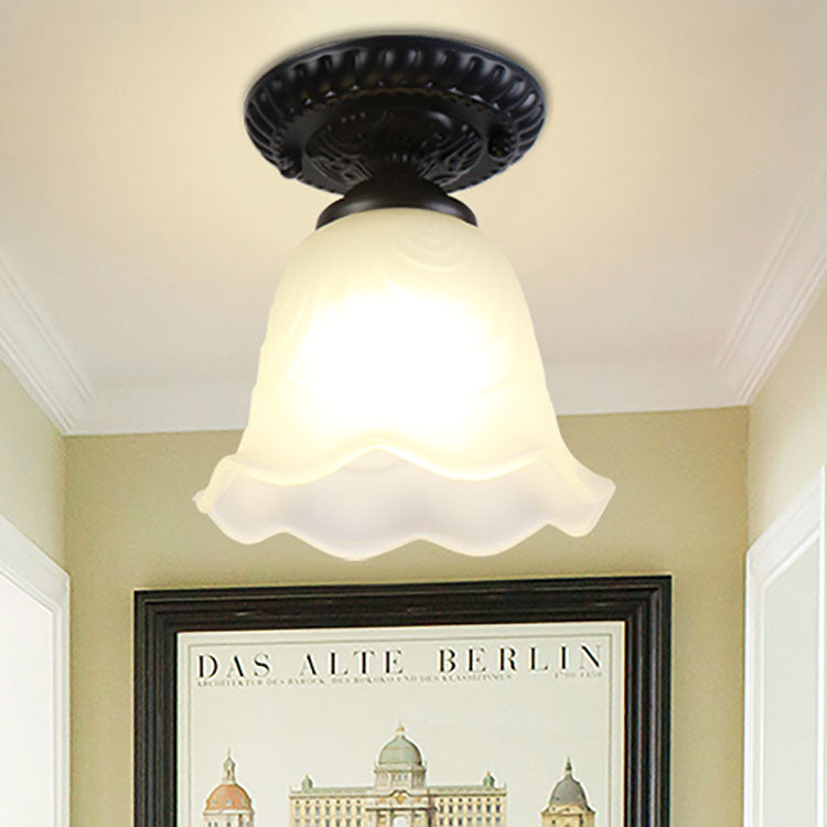 Contemporary Retro Floral Semi-Flush Mount Ceiling Light - Bell Round Iron & Glass for Hallway
