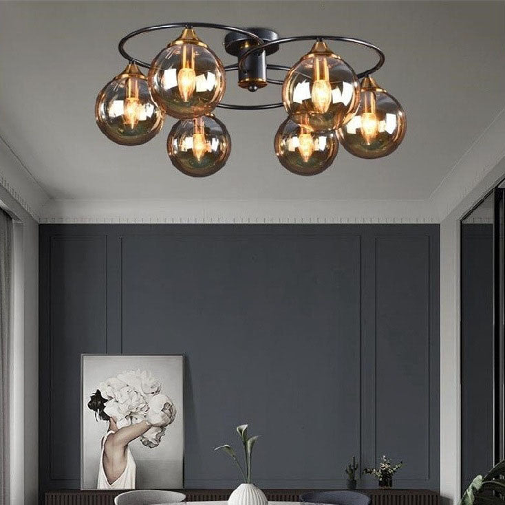 Mid-Century Iron Frame Magic Bean Glass Shade Semi-Flush Mount Ceiling Light 4/6-Light for Living Room