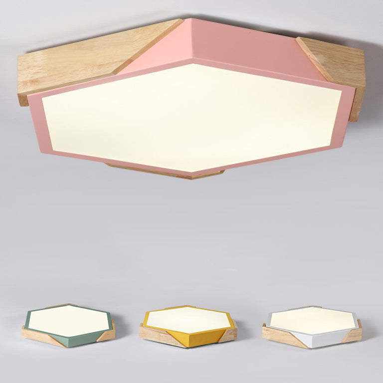 Contemporary Scandinavian Hexagonal Iron Wood Macaron LED Flush Mount Ceiling Light for Bedroom