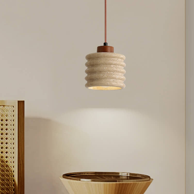 Wabi-Sabi Yellow Travertine Cylinder Pendant Light - Wood 1-Light Lampshade