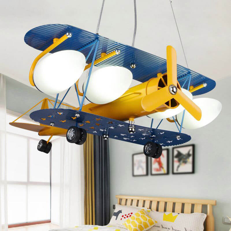 Contemporary Creative Cartoon Metal Aircraft Glass Shade 5-Light Kids Chandelier for Bedroom, Unique Kids Lighting Fixture, Fun Airplane Design, Stylish Bedroom Decor, Modern Ceiling Light for Children's Room, Colorful Aircraft Chandelier, Playful Lightin