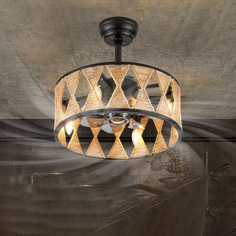 Industrial Hemp Rope Cylinder 4-Light Ceiling Fan Fixture