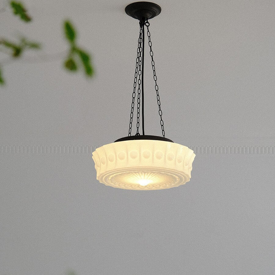 Traditional French Iron Glass Striped Round Drum LED Ceiling Light for Living Room & Bedroom
